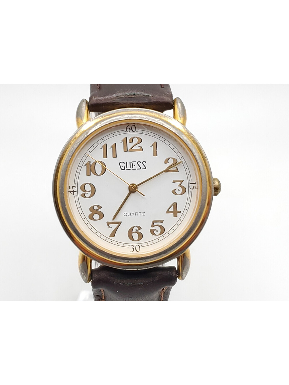 Vintage 1990 Guess Quartz Womens Watch New Battery White Dial Gold Tone 33mm